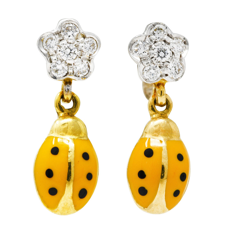 Aaron Basha Diamond Orange Enamel 18 Karat Two-Tone Ladybug Drop Earrings