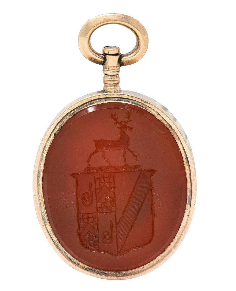 Victorian Carnelian Enamel Glass 14 Karat Rose Gold Intaglio Crest Eagle Americana Antique Micro-Mosaic Fob Pendant