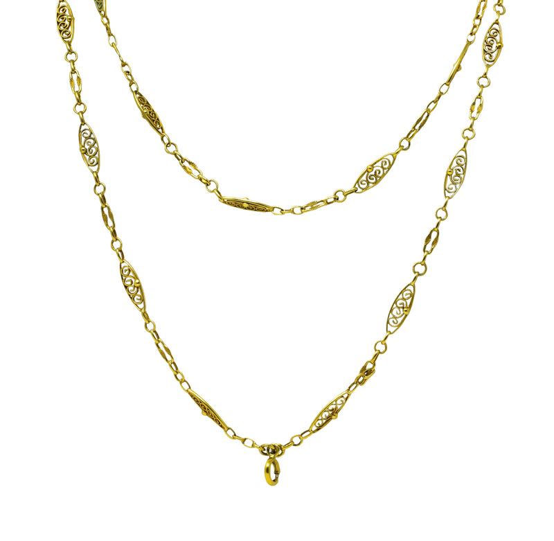 French Victorian 18 Karat Yellow Gold Filigree 56 Inch Long Antique Chain Necklace