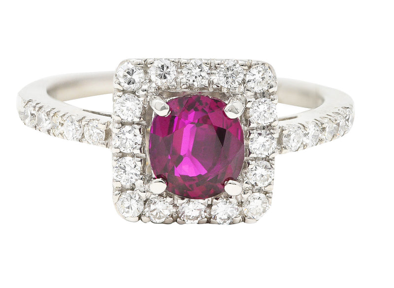 Contemporary 1.47 CTW Cushion Cut Ruby Diamond Platinum Square Halo Ring