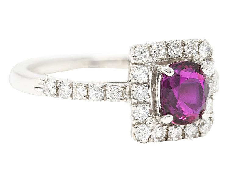 Contemporary 1.47 CTW Cushion Cut Ruby Diamond Platinum Square Halo Ring