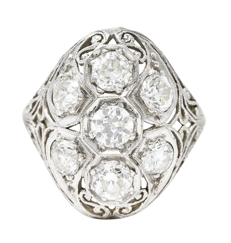 Edwardian 1.93 CTW Old European Cut Diamond Platinum Scrolling Antique Cluster Dinner Ring