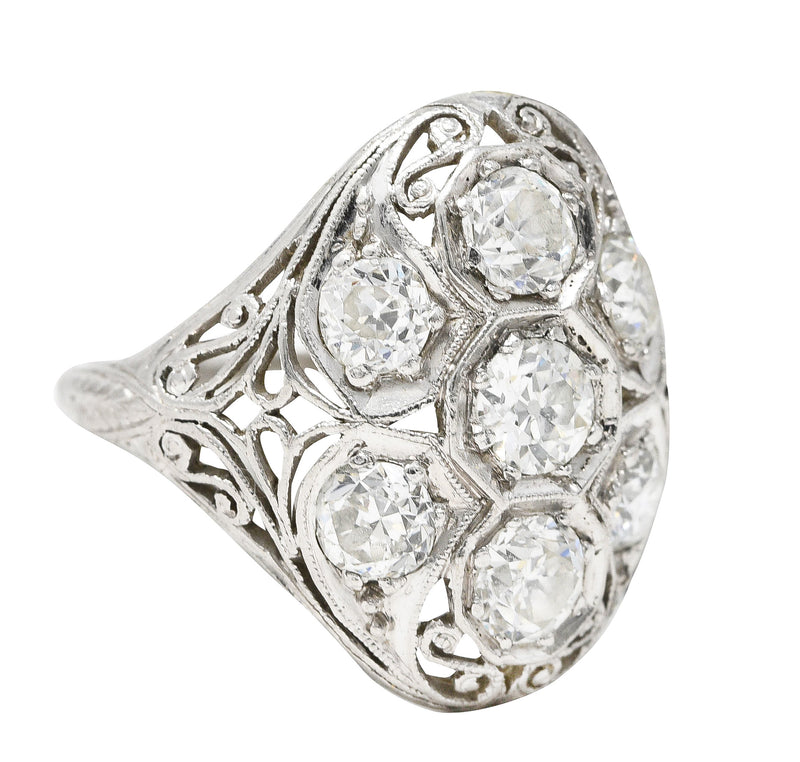 Edwardian 1.93 CTW Old European Cut Diamond Platinum Scrolling Antique Cluster Dinner Ring