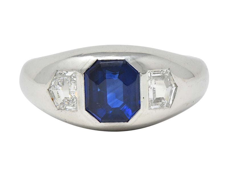 Mid-Century 3.07 CTW No Heat Sapphire Diamond Platinum Three Stone Men’s Unisex Vintage Ring GIA