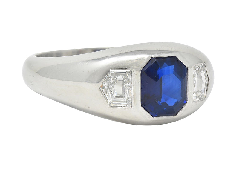 Mid-Century 3.07 CTW No Heat Sapphire Diamond Platinum Three Stone Men’s Unisex Vintage Ring GIA