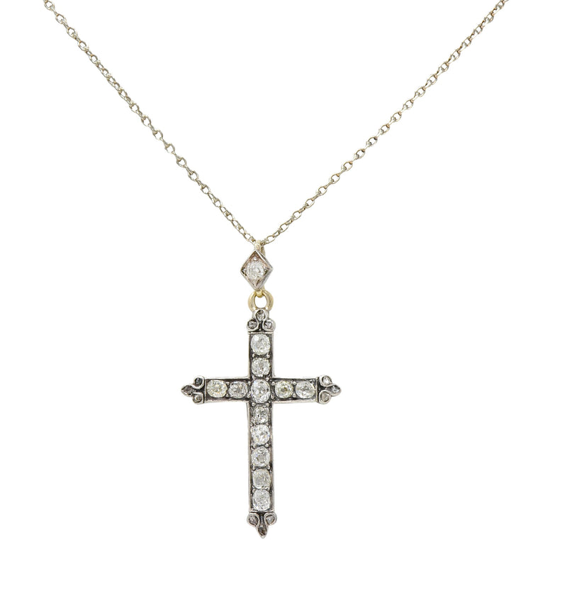 Victorian 0.95 CTW Old Mine Cut Diamond Silver 14 Karat Gold Cross Antique Pendant Necklace