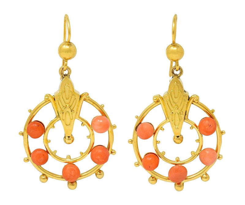 Victorian Etruscan Revival Coral 18 Karat Yellow Gold Antique Drop Earrings