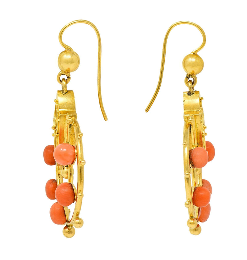 Victorian Etruscan Revival Coral 18 Karat Yellow Gold Antique Drop Earrings