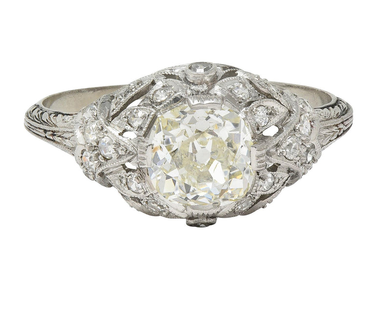 Art Deco 1.76 CTW Old Mine Diamond Platinum Foliate Bombé Vintage Engagement Ring