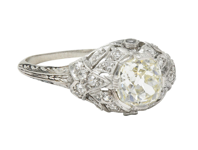 Art Deco 1.76 CTW Old Mine Diamond Platinum Foliate Bombé Vintage Engagement Ring