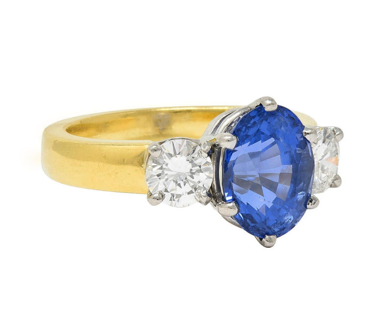 Vintage 3.86 CTW No Heat Ceylon Sapphire Diamond Platinum 18 Karat Gold Three Stone Ring GIA