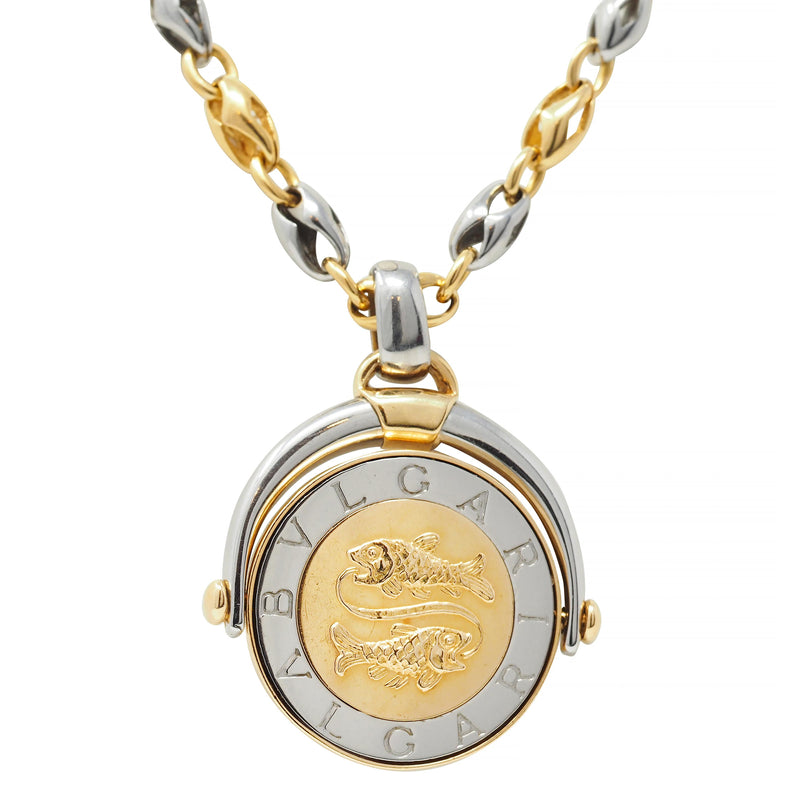 Bulgari 18 Karat Yellow Gold Stainless Steel Pisces Zodiac Flip Pendant Necklace