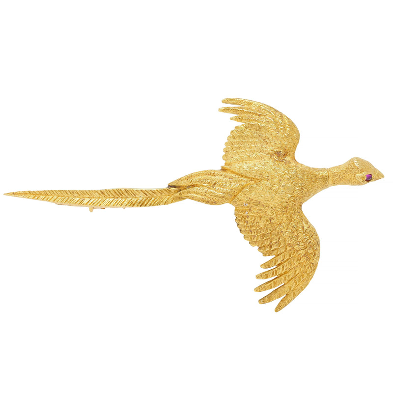 Hermés Paris 1970’s Ruby 18 Karat Yellow Gold Vintage Pheasant Bird Brooch