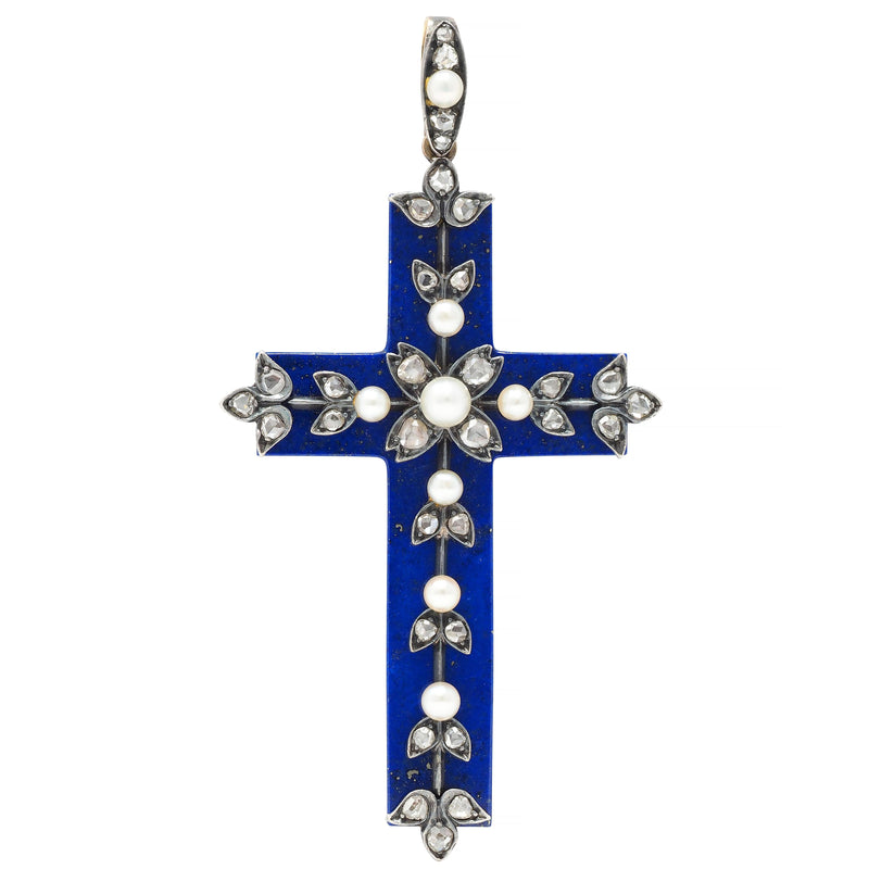 Victorian Lapis Lazuli Pearl Diamond Silver-Topped 14 Karat Gold Antique Cross Pendant