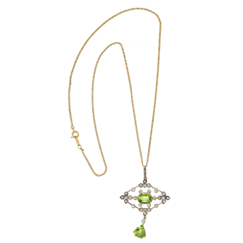 Edwardian 4.92 CTW Peridot Diamond 18 Karat Gold Silver Floral Antique Drop Pendant Necklace