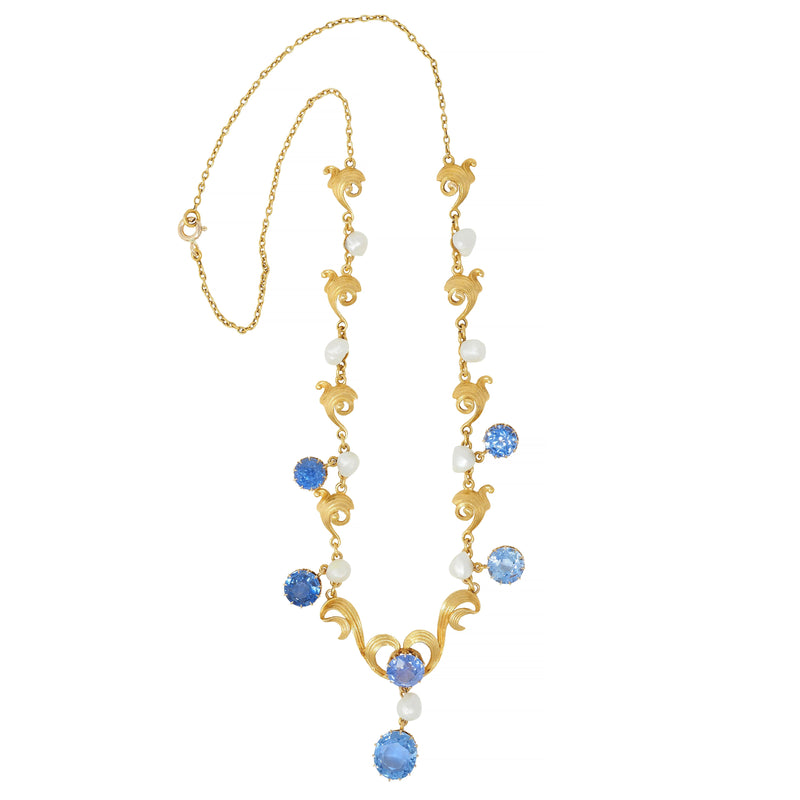 Art Nouveau 11.76 CTW No Heat Ceylon Sapphire Pearl 14 Karat Gold Antique Heart Lavalier Necklace GIA