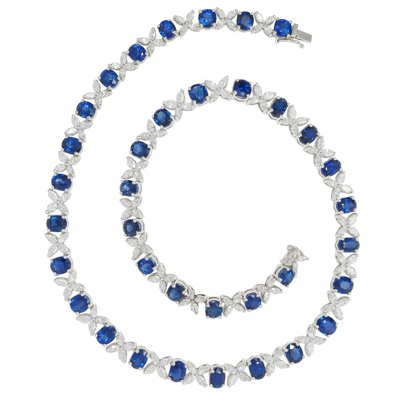 Contemporary 40.32 CTW Sapphire Diamond 18 Karat White Gold Floral Necklace