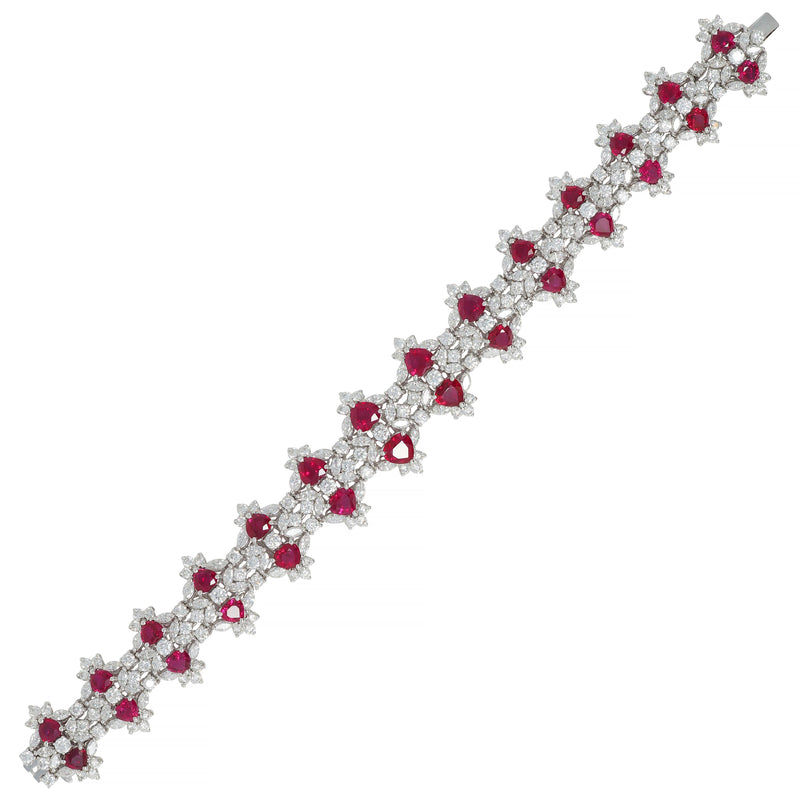 Contemporary 26.45 CTW Heart Cut Ruby Diamond 18 Karat White Gold Cluster Bracelet