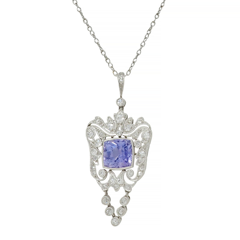 Belle époque 4.04 CTW No Heat Ceylon Sapphire Diamond Platinum Swag Drop Antique Necklace GIA