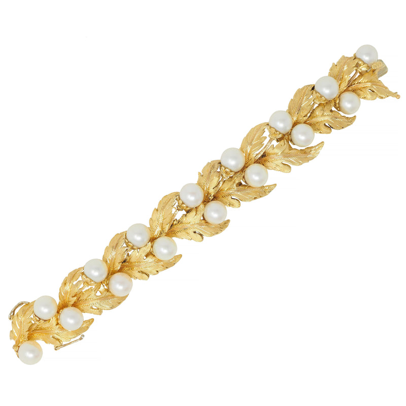 Mario Buccellati 1950’s Pearl 18 Karat Yellow Gold Vintage Oak Leaf Bracelet