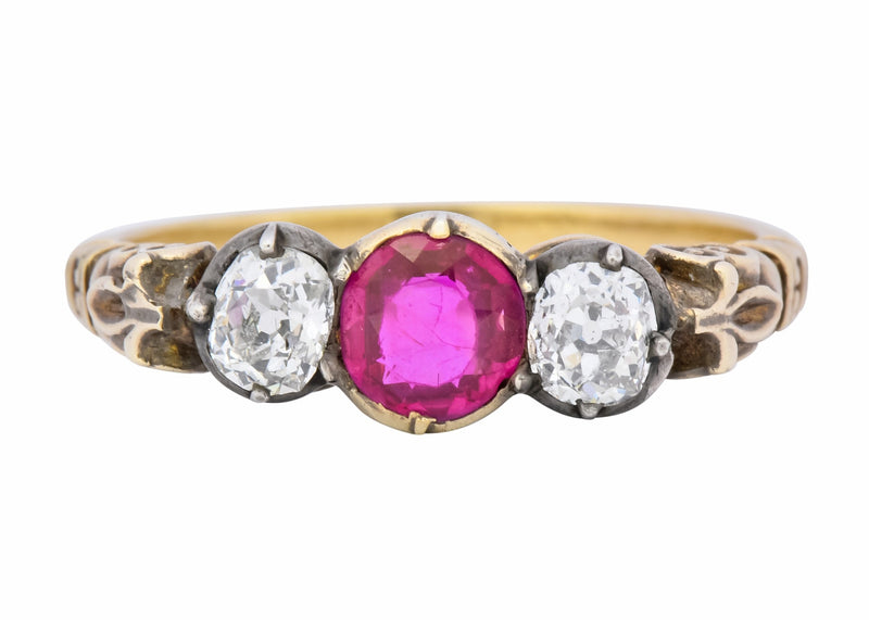 Victorian 0.70 Carats Diamond Ruby Silver-Topped 14 Karat Gold Three Stone Ring